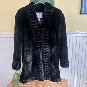 Pamela Mccoy Black Faux Fur Coat With Textured Trim Size S